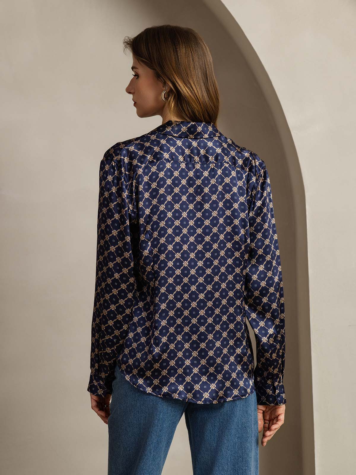 [Navy Chain] SilkSilky-UK Silk Long Sleeve Collar Women's Shirt 002