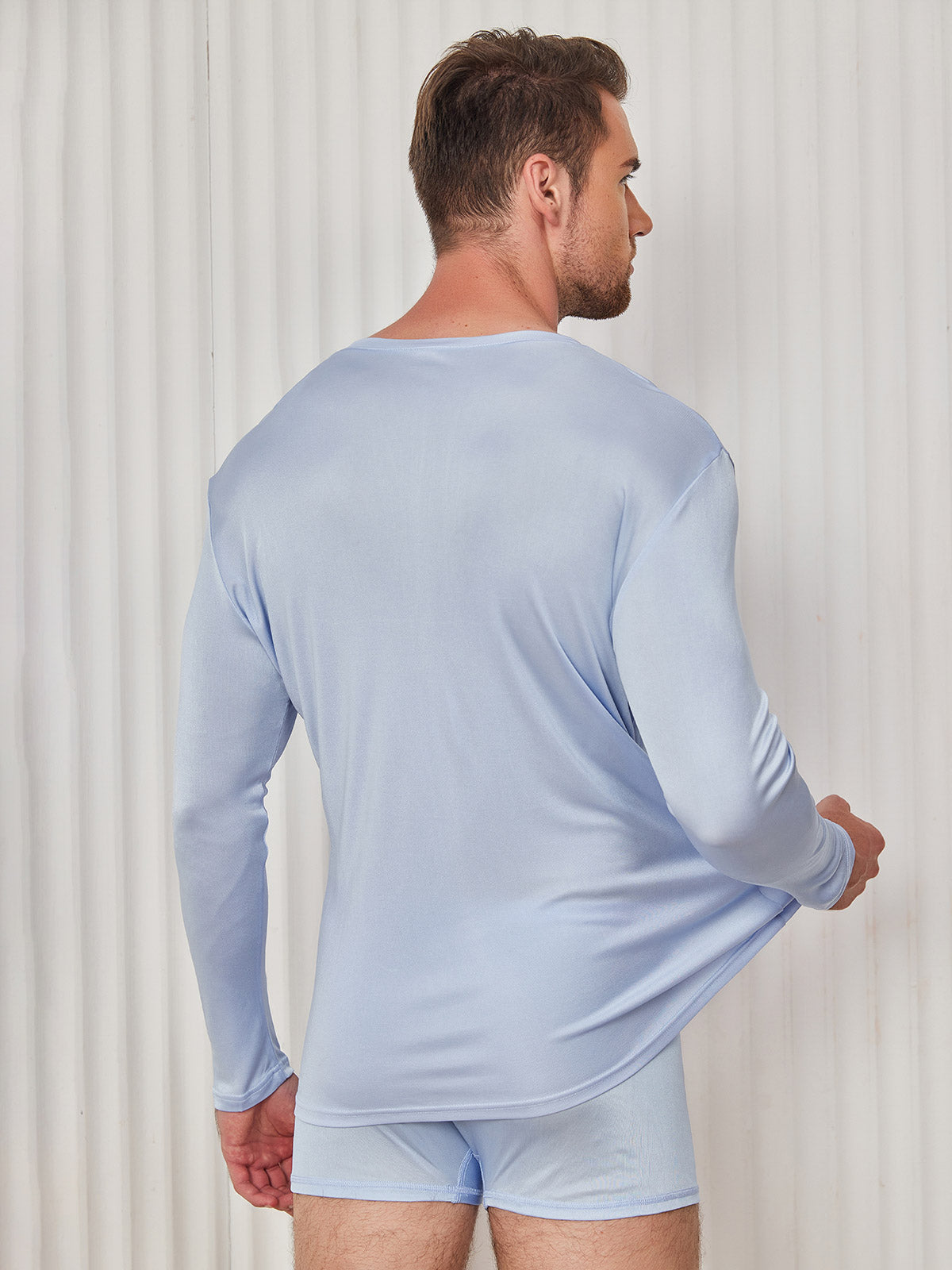 [Light Blue] SilkSilky-UK 100% Silk Jersey Long Sleeve Round Neck Men's T-Shirt 002