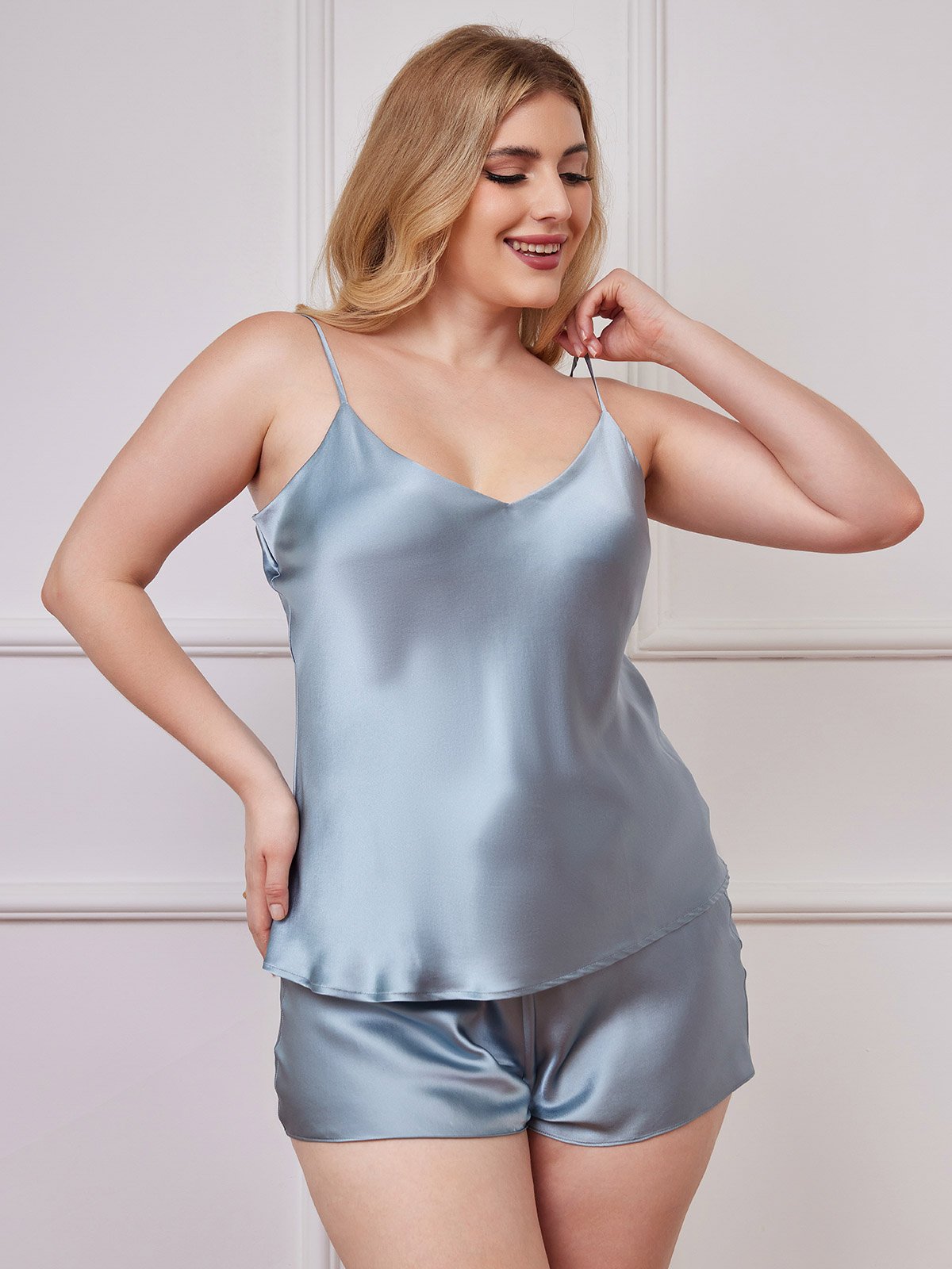 SilkSilky UK Pure Silk V Neck Plus Size Camisole Set GrayishBlue 005