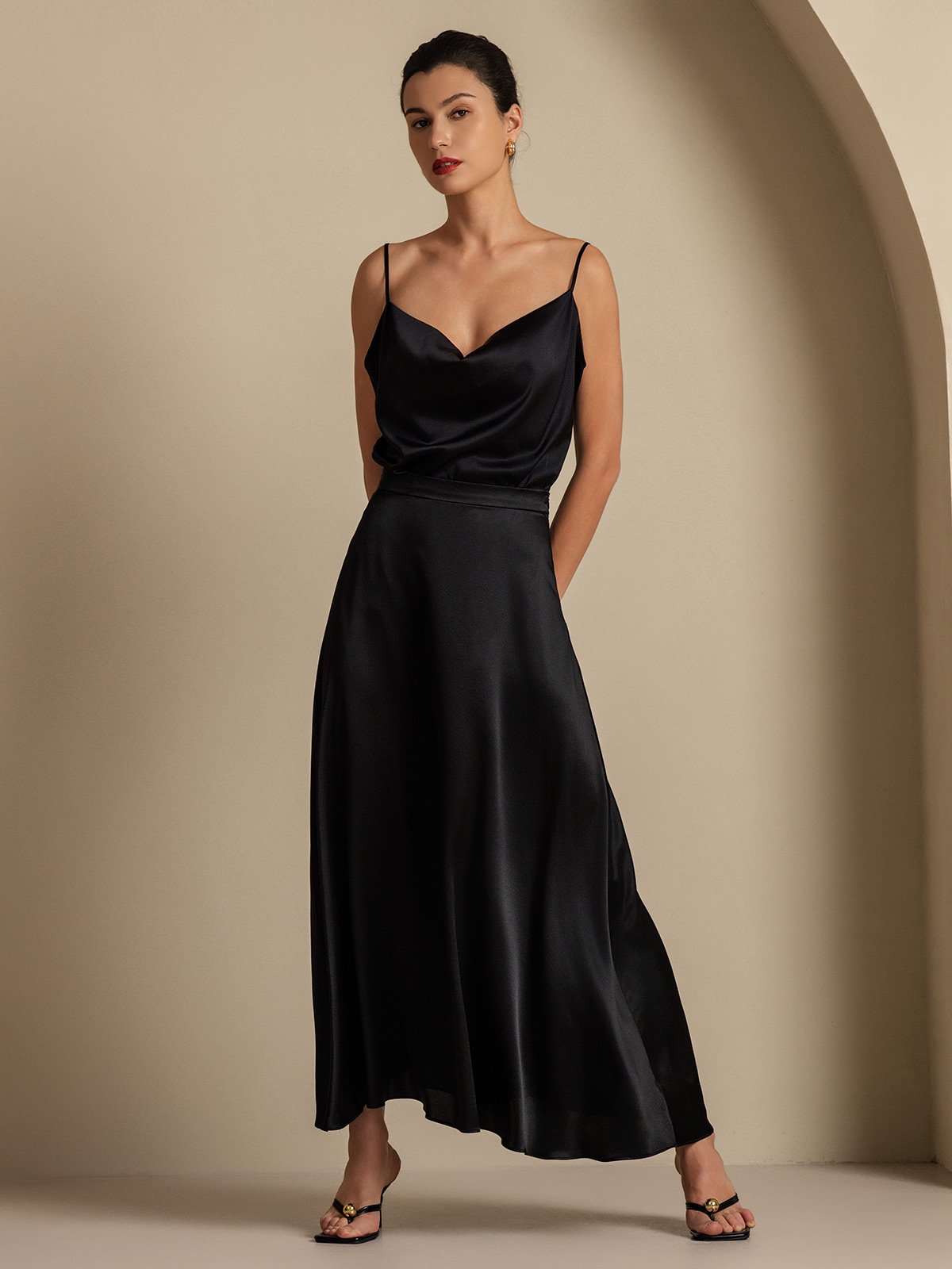 [Black] SilkSilky-UK 19Momme Silk Knitted Cowl Neck Women''s Outfit Sets 008,