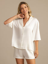 [White] SilkSilky-UK 19Momme Machine-Washable Silk Half Sleeve Notch Collar Women's Pyjamas 005