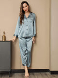 SilkSilky UK Pure Silk Long Sleeve Lapel Women's Pyjamas SteelBlue 005