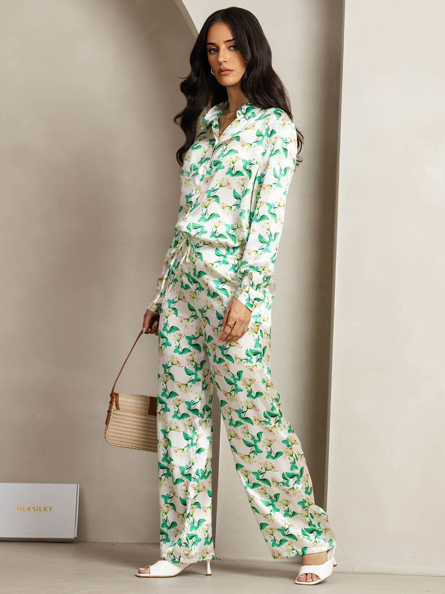 [GreenFloral] SilkSilky-UK 19Momme Silk Collar Women''s Outfit Sets 003