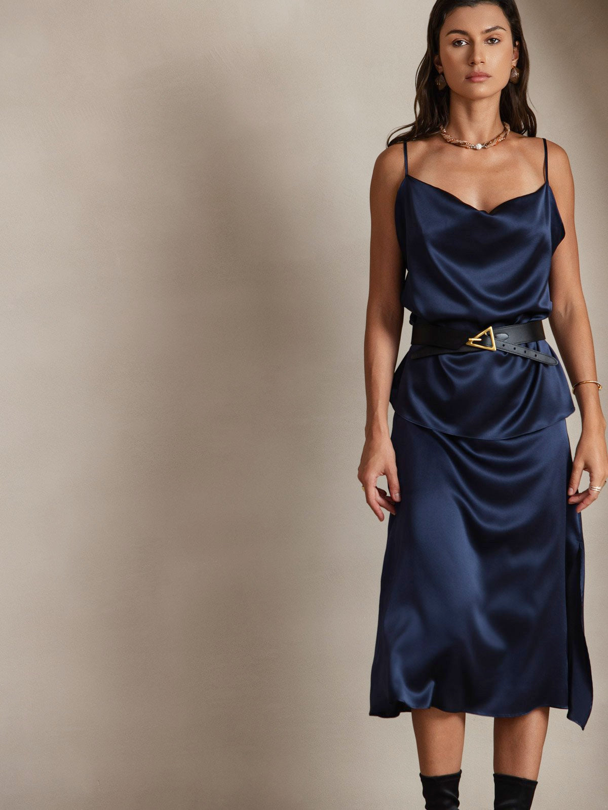 [Dark Blue] SilkSilky-UK 19Momme Silk Spaghetti Strap Cowl Neck Camisole 003