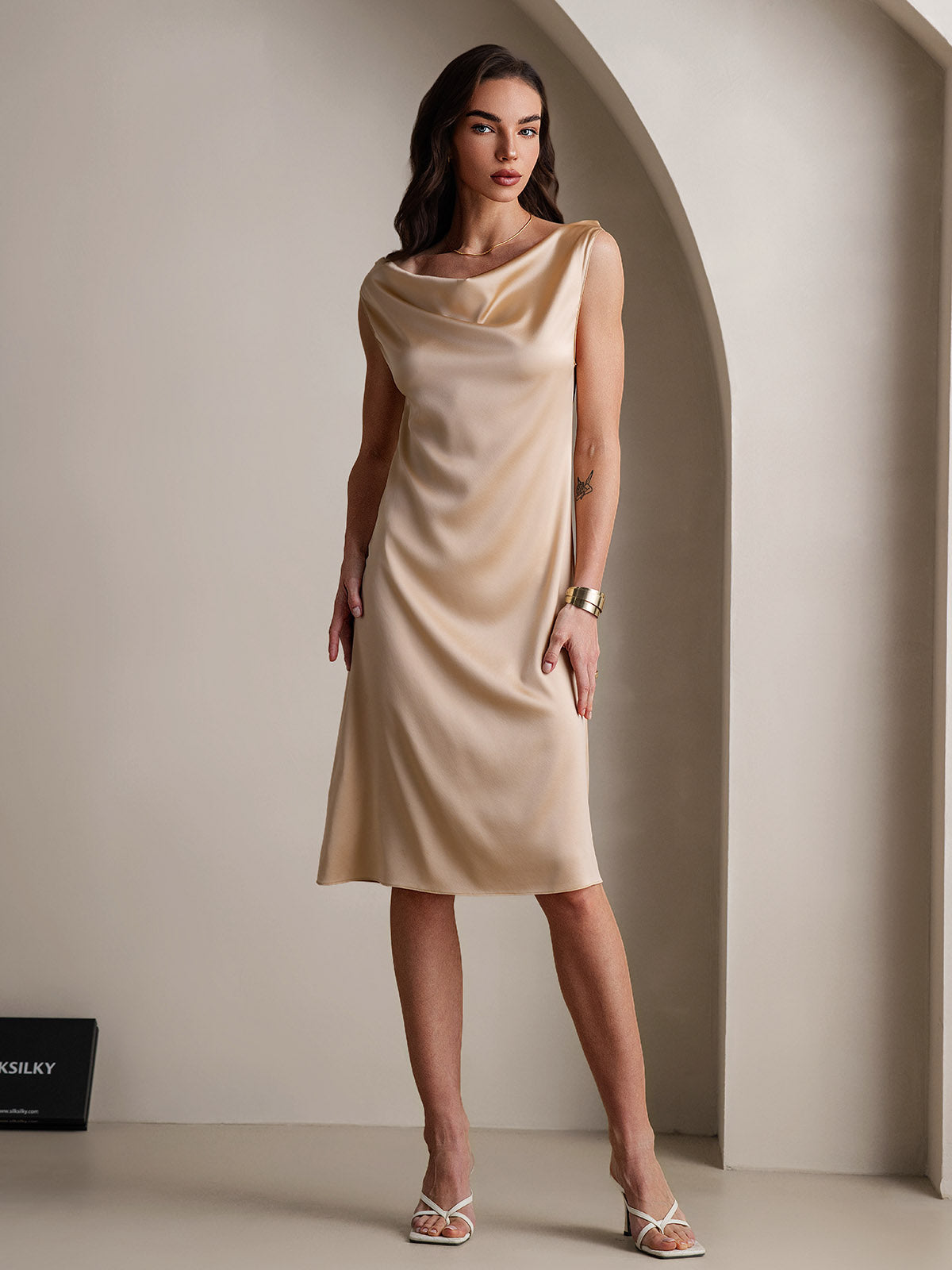 [Champagne] SilkSilky-UK 19Momme Sleeveless Cowl Neck Dress 005