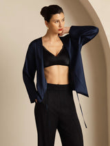 [Dark Blue] SilkSilky-UK 19Momme Stretch Silk Charmeuse Long Sleeve Women's Outerwear 006