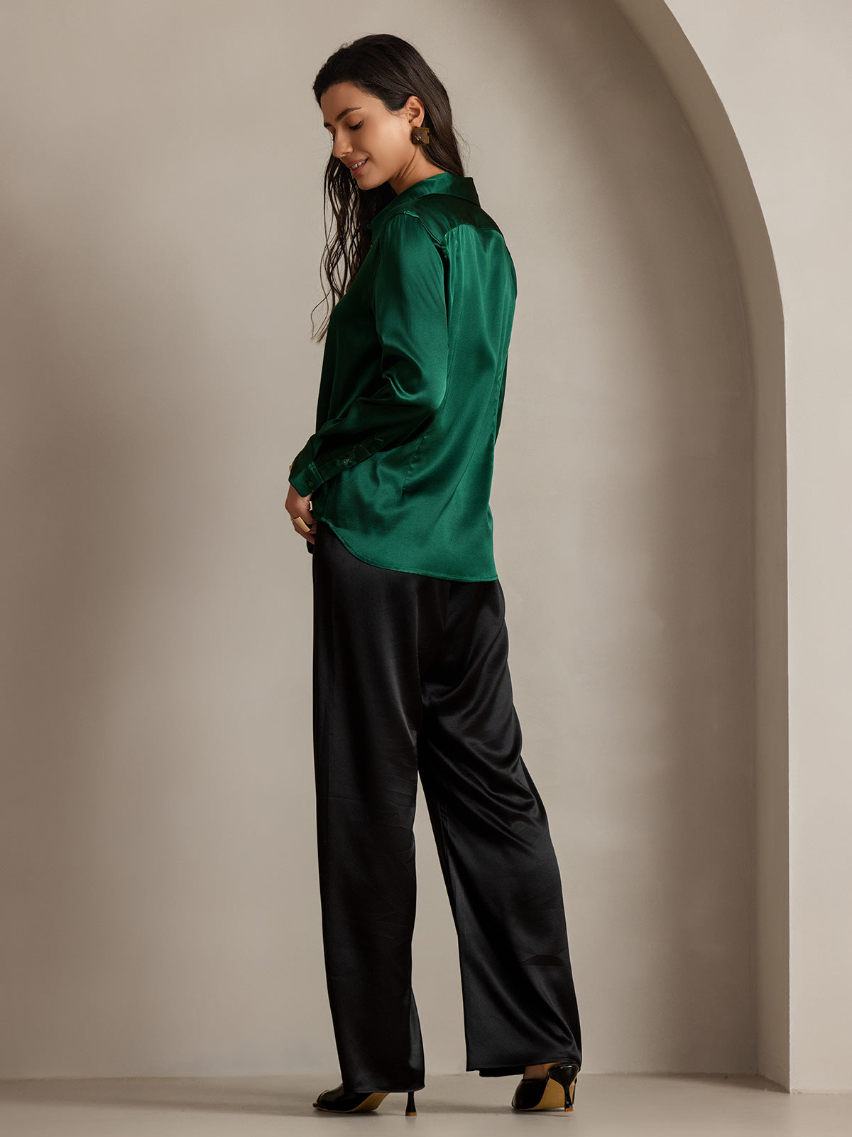 [Dark Green] SilkSilky-UK Silk Long Sleeve Collar Women's Shirt 002