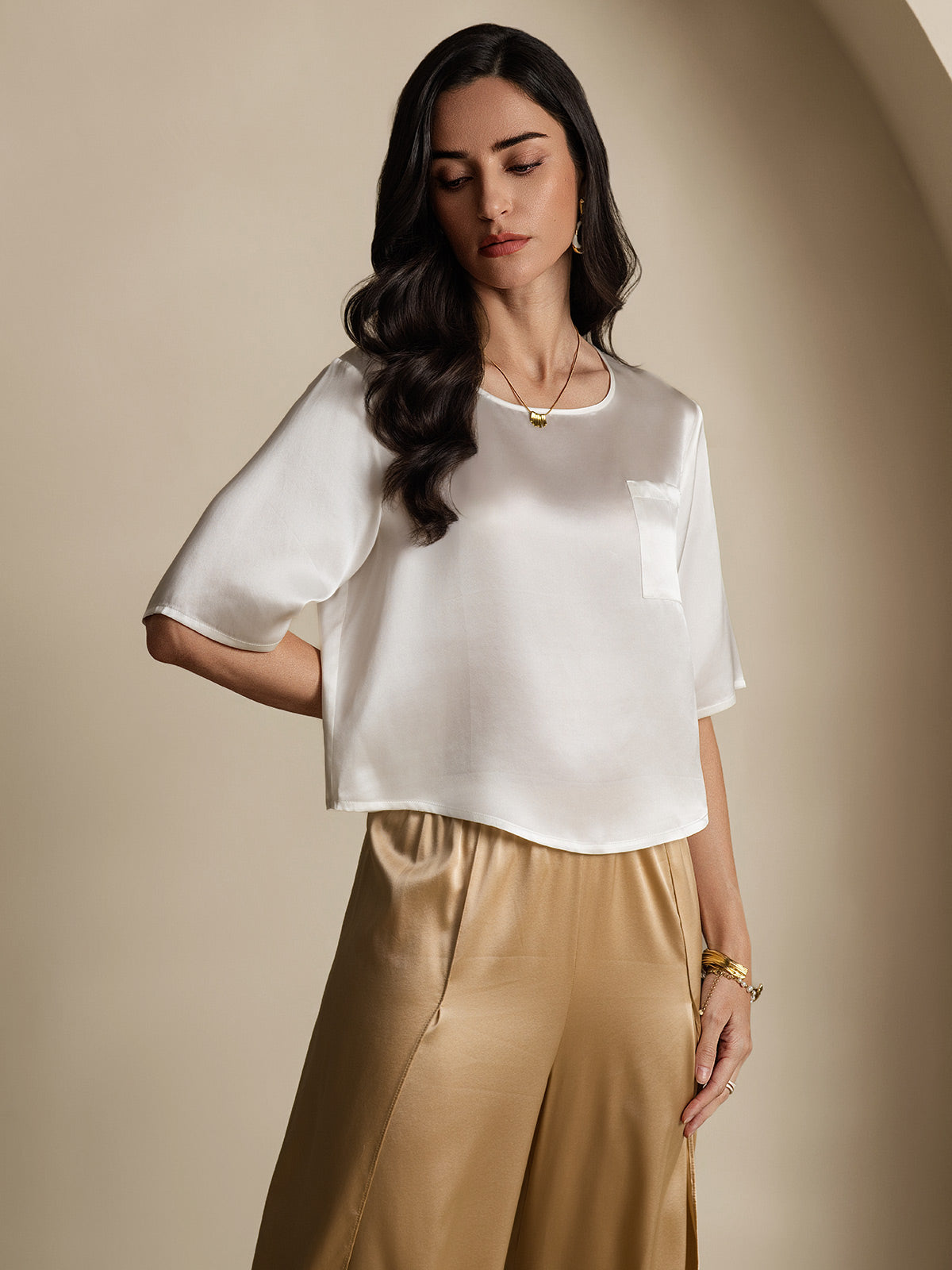SilkSilky-UK Pure Silk Half Sleeve Boat Neck Women's T-Shirt White 006