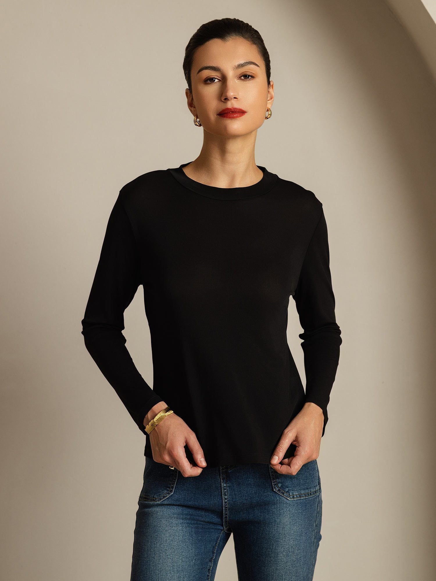 [Black] SilkSilky-UK Pure Silk Round Neck Women's T-Shirt 007