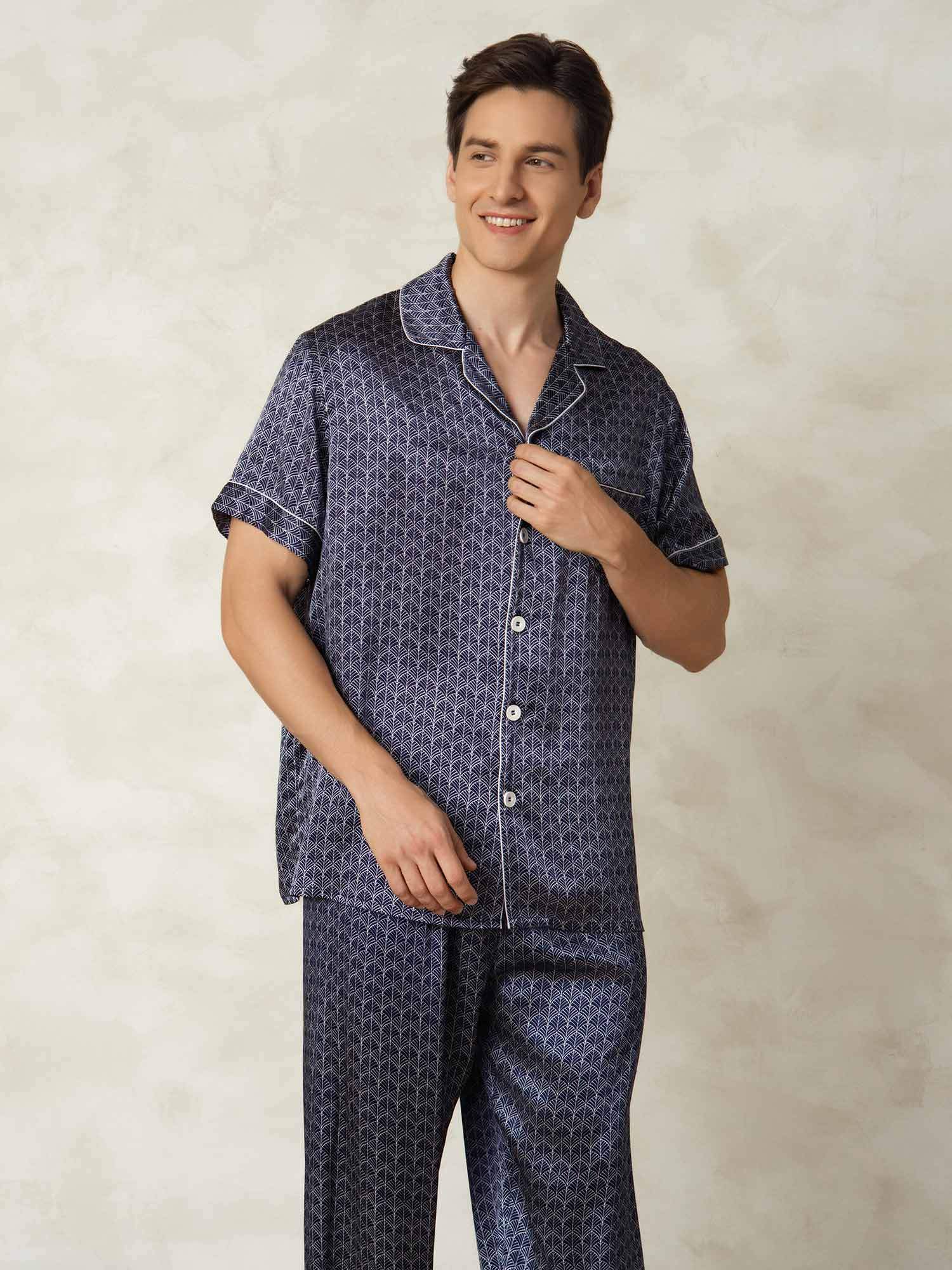 [NavyGinkgo] SilkSilky-UK Pure Silk Collar Men's Pyjamas 003