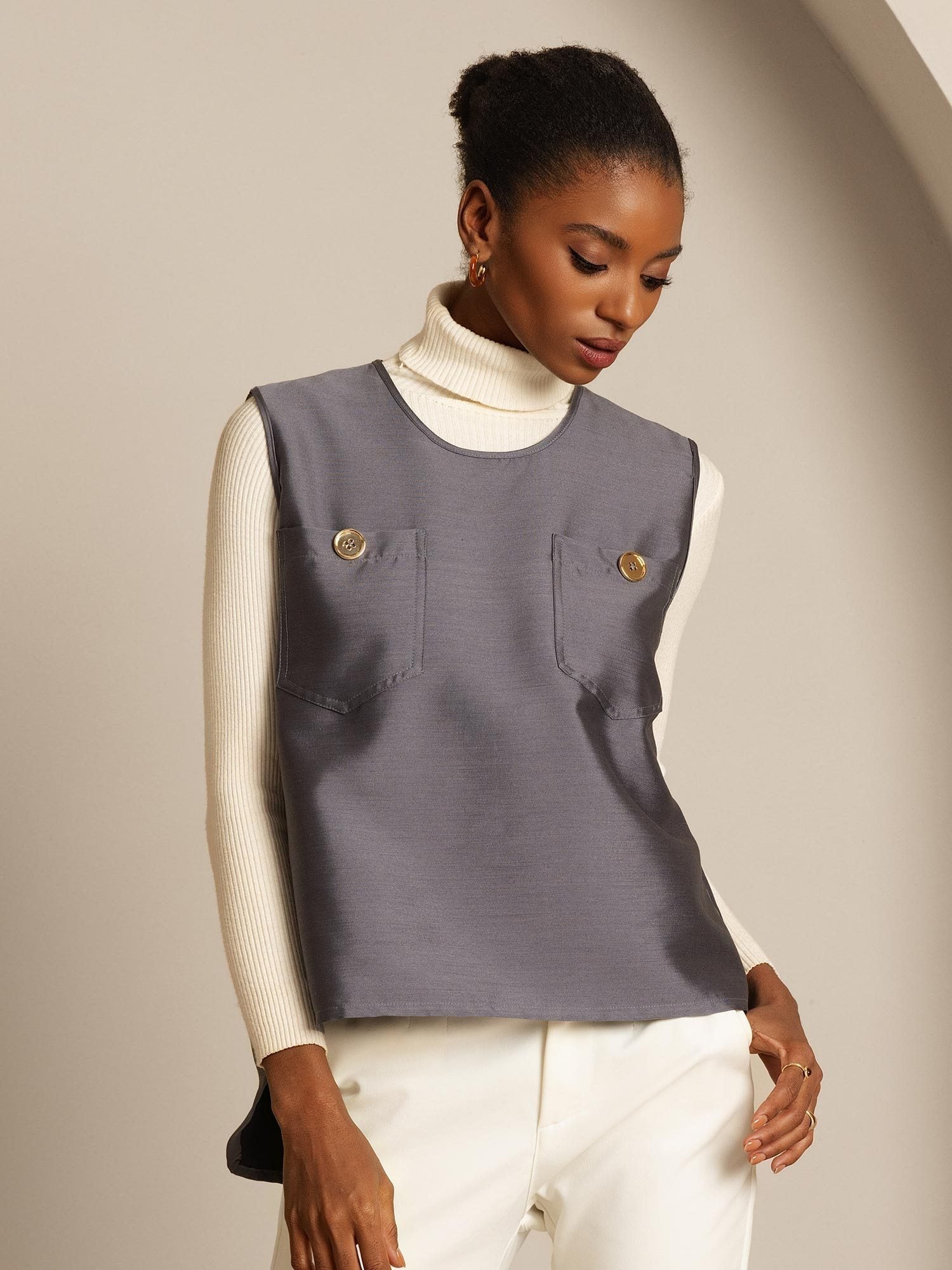 [Gray] SilkSilky-UK 32Momme Silk-Wool Blend Womens Vest 006,