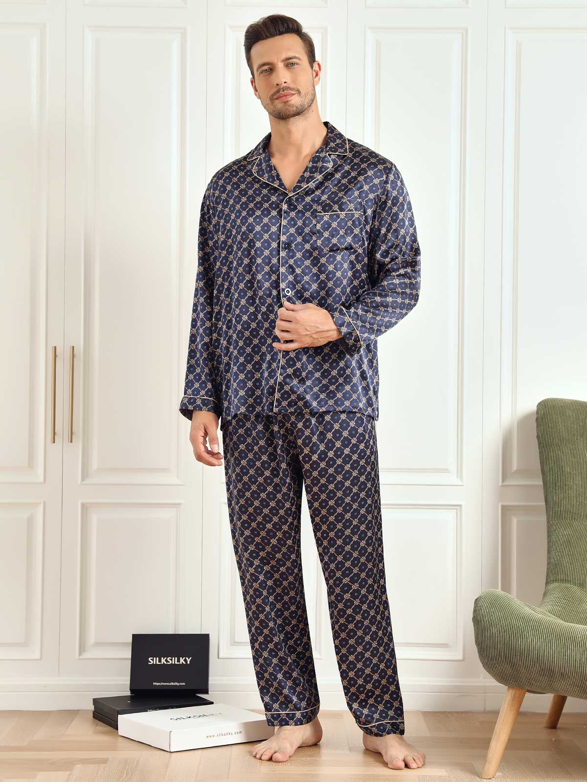 SilkSilky UK 19Momme Pure Silk Long Sleeve Lapel Men's Pyjamas DarkBlue 004