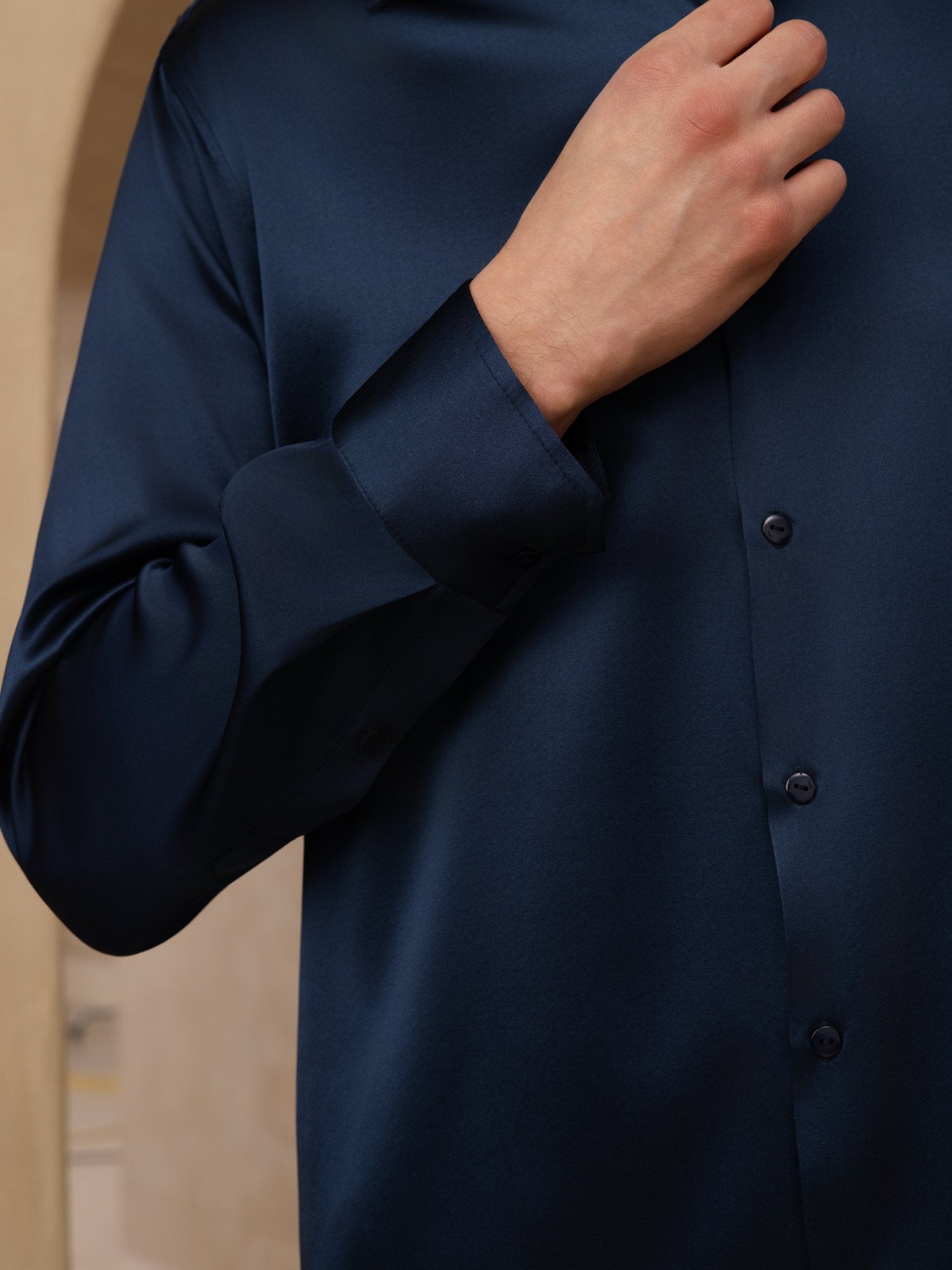 [Dark Blue] SilkSilky-UK 19Momme Stretch Silk Charmeuse Long Sleeve Lapel Collar Men's Shirt 006