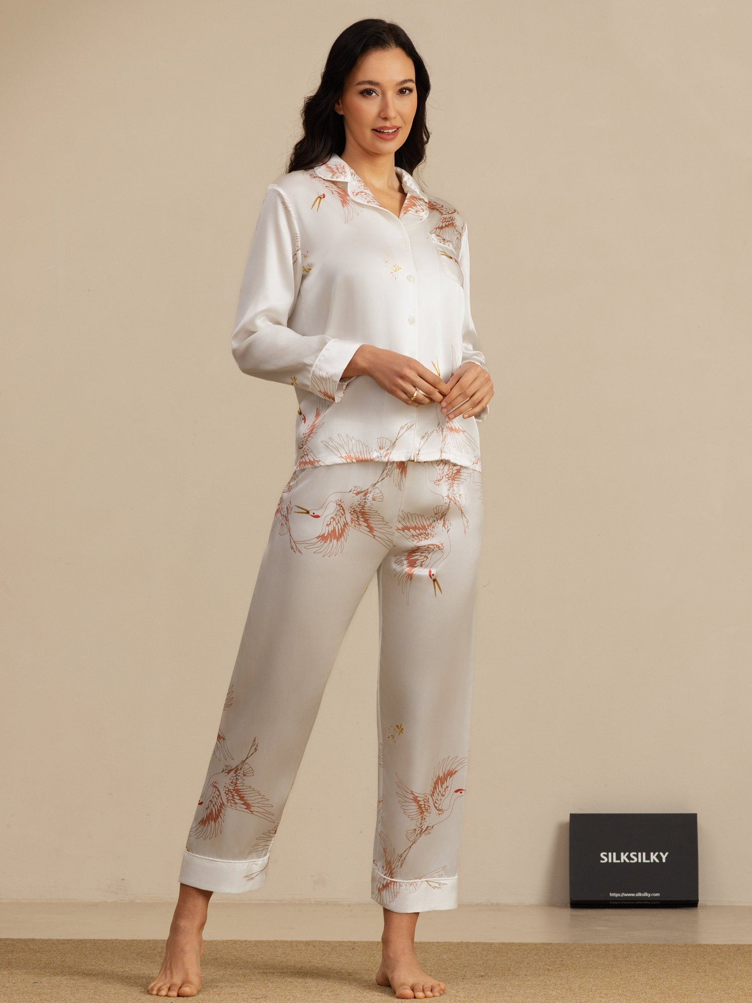 [White] SilkSilky-UK 19Momme Long Sleeve Notch Collar Women's Pyjamas 006
