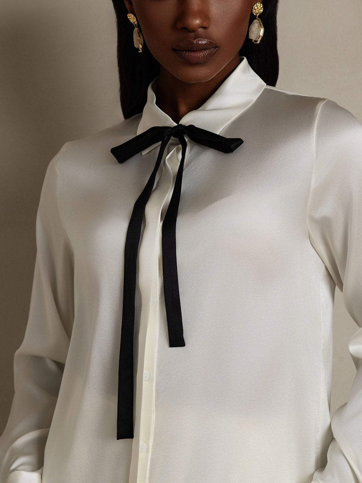 SilkSilky-UK 19Momme Silk Long Sleeve Tie Neck Women's Shirt White 008