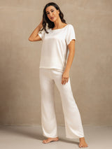 [White] SilkSilky-UK 19Momme Machine-Washable Silk Short Sleeve Women's Pyjamas 006