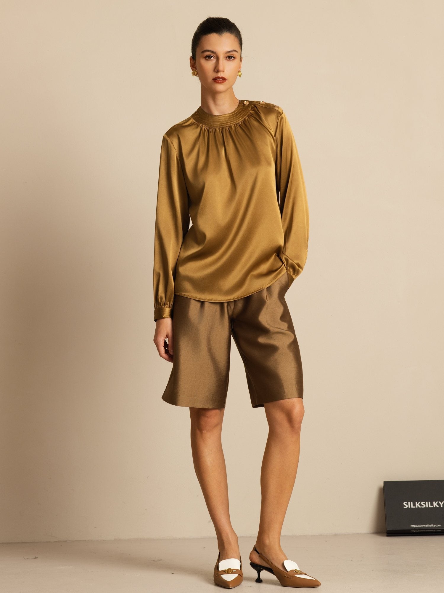 [Bronze] SilkSilky-UK 19Momme Silk Long Sleeve Round Neck Blouse 006