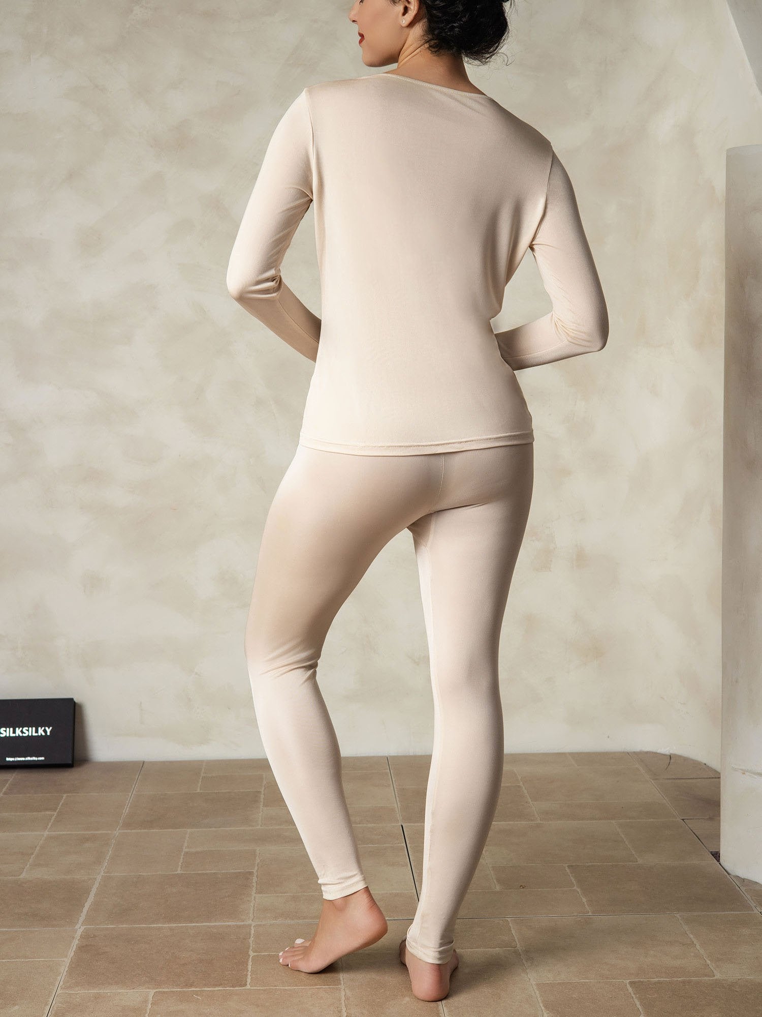 [Tan] SilkSilky-UK Silk Knitted Round Neck Women's Pyjamas 002