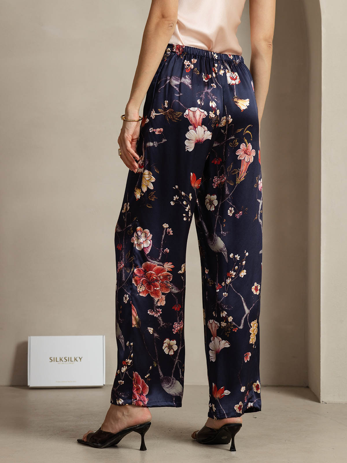 [Navy Floral] SilkSilky-UK 19Momme Silk Womens Pants 002