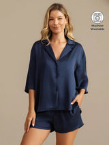 [Dark Blue] SilkSilky-UK 19Momme Machine-Washable Silk Half Sleeve Notch Collar Women's Pyjamas 001