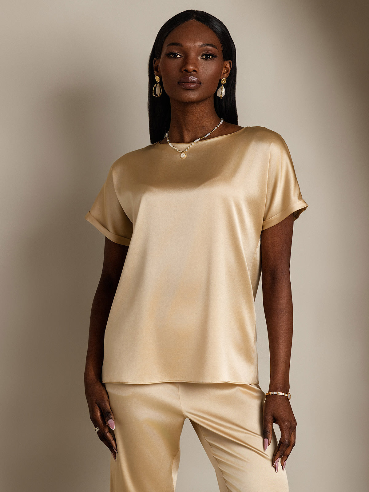 [Champagne] SilkSilky-UK 19Momme Silk Short Sleeve Round Neck Women's T-Shirt 001