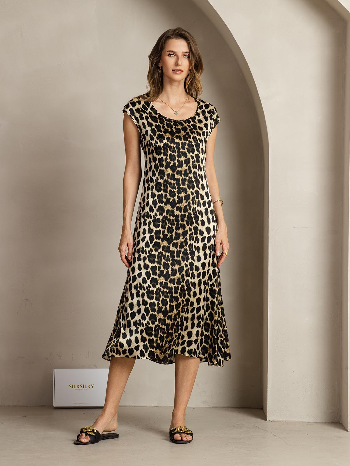 [Leopard] SilkSilky-UK 19Momme Silk Round Neck Dress 003,