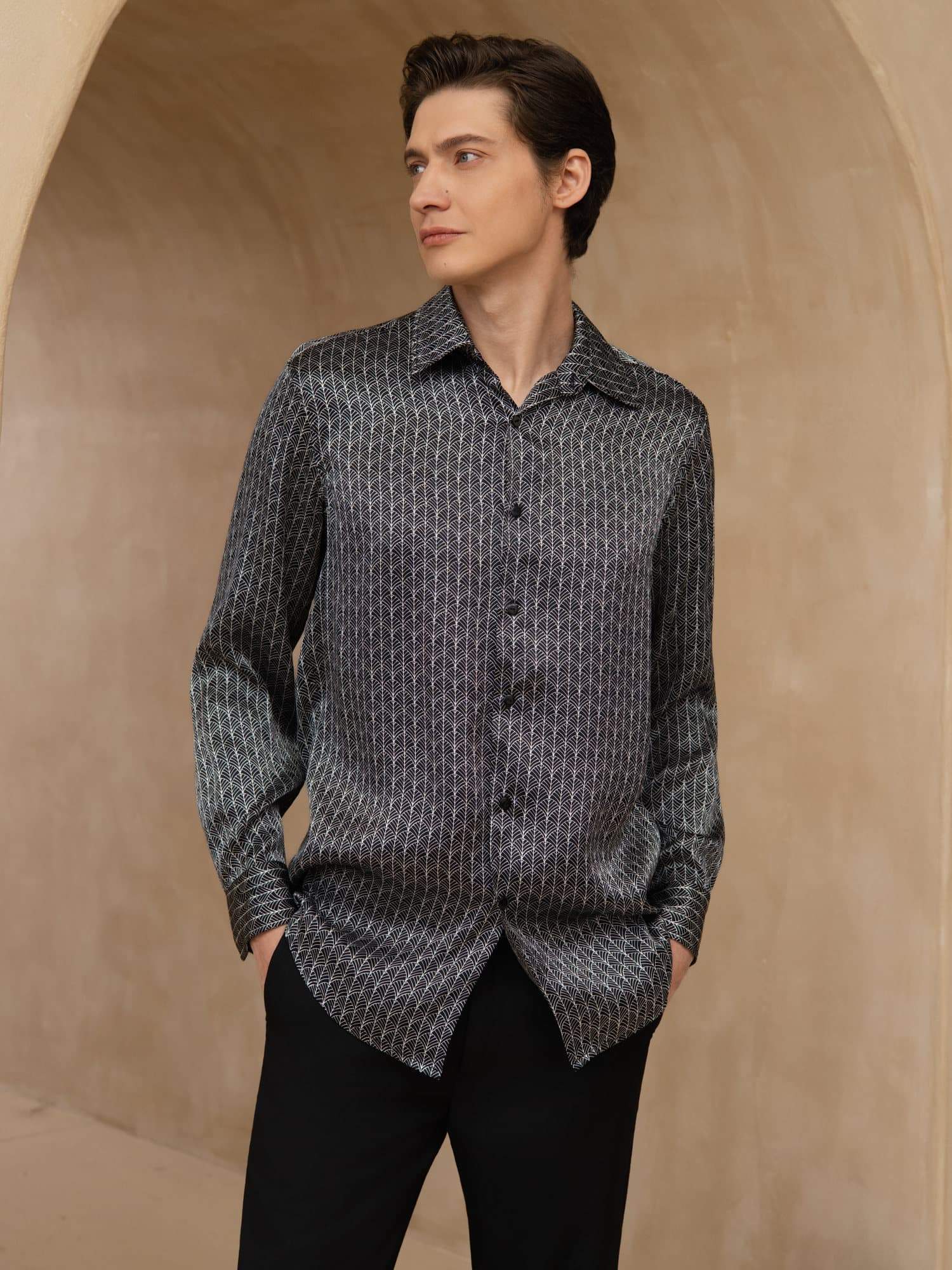 [Black Ginkgo] SilkSilky-UK Long Sleeve Lapel Collar Men's Shirt 003
