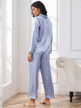[Steel Blue] SilkSilky-UK Long Sleeve Lapel Collar Women's Pyjamas 002