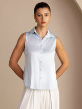 [Light Blue] SilkSilky-UK Sleeveless Lapel Collar Women's Shirt 003