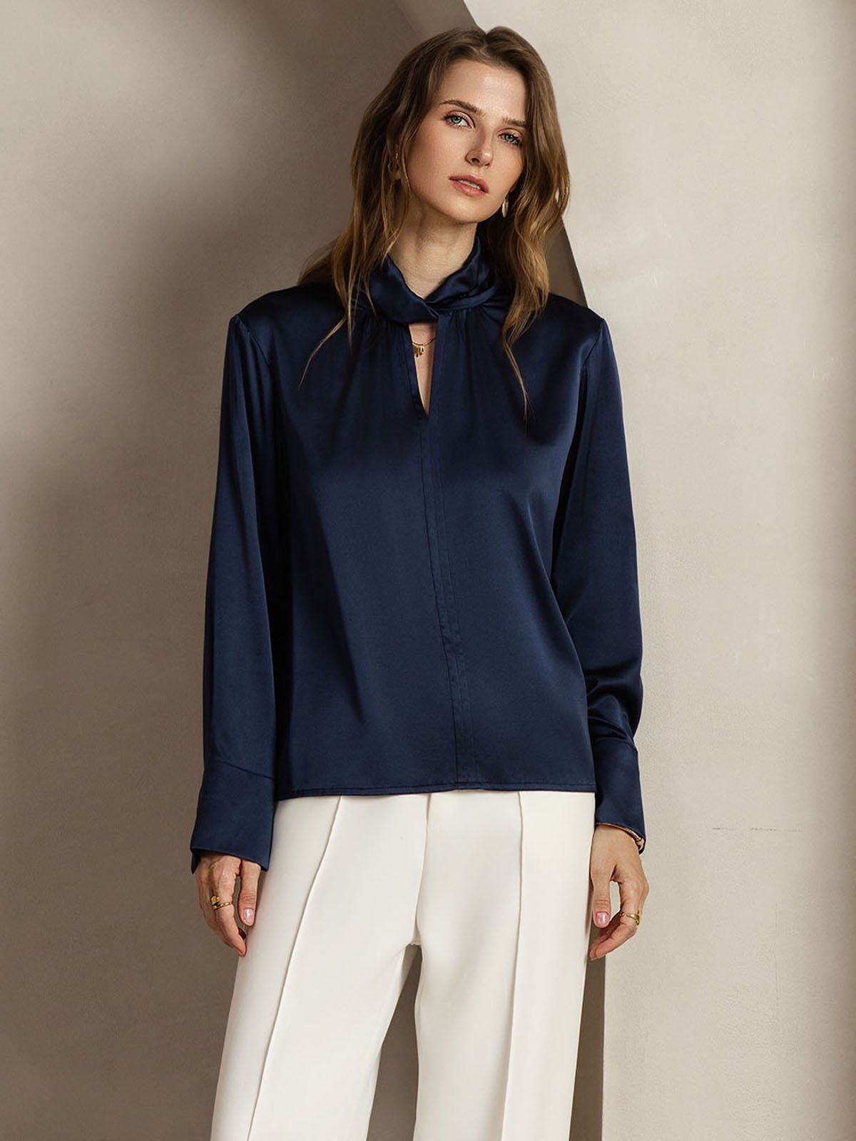[DarkBlue] SilkSilky-UK 19Momme Silk Keyhole Neck Women's Shirt 005