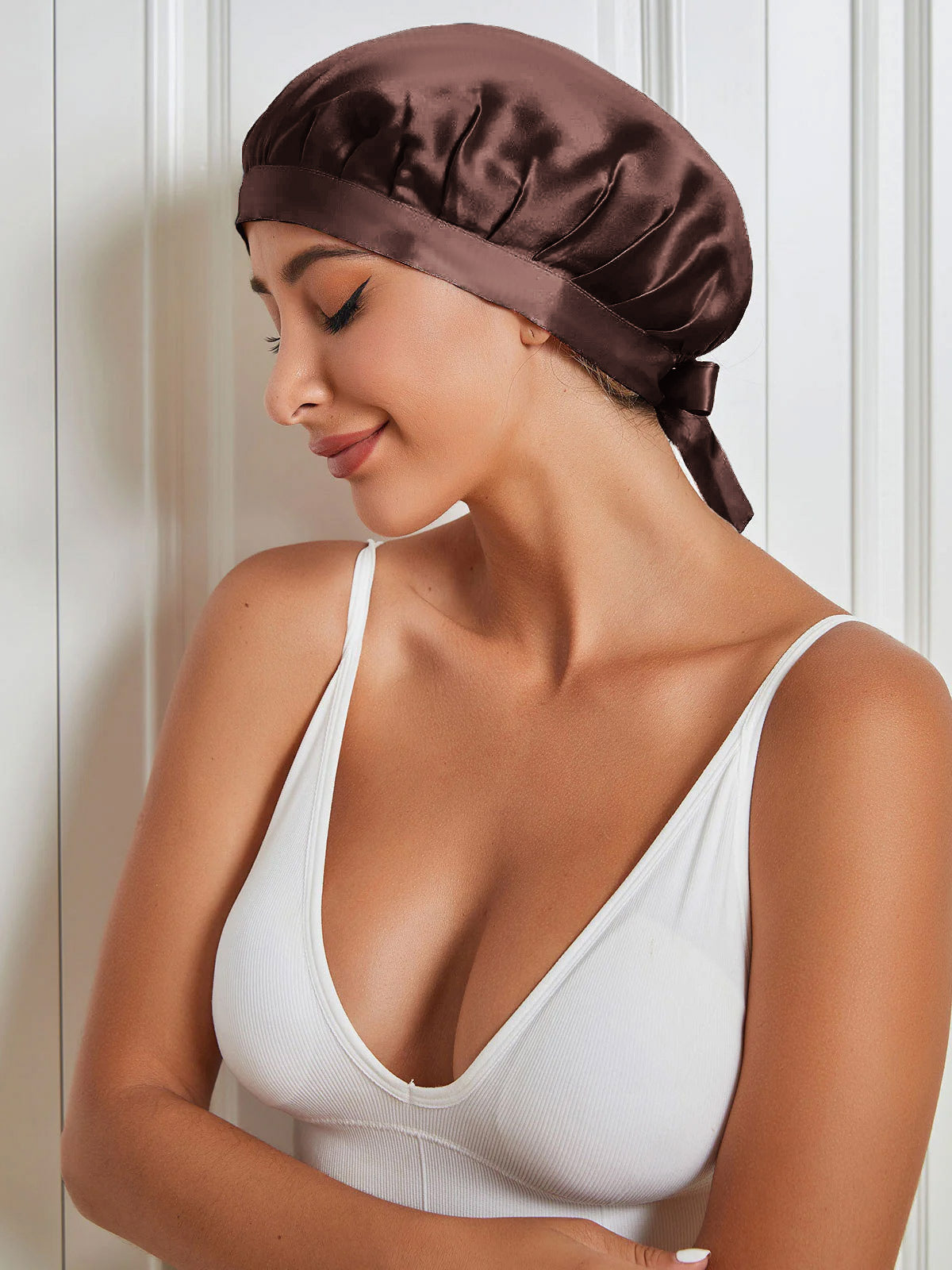 SilkSilky-UK Pure Silk Sleep Cap Coffee 005