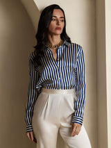 [Navy Stripe] SilkSilky-UK Long Sleeve Lapel Collar Women's Shirt 006