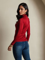 [Wine] SilkSilky-UK Silk Jersey Long Sleeve Turtle Neck Women's T-Shirt 002