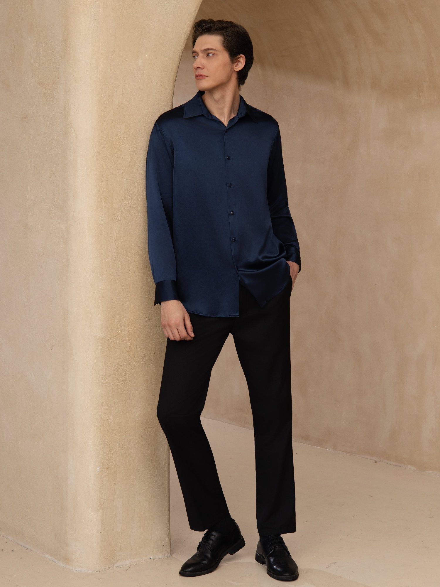 [Dark Blue] SilkSilky-UK 19Momme Stretch Silk Charmeuse Long Sleeve Lapel Collar Men's Shirt 008