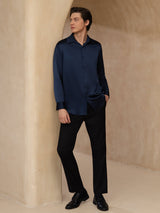 [Dark Blue] SilkSilky-UK 19Momme Stretch Silk Charmeuse Long Sleeve Lapel Collar Men's Shirt 008