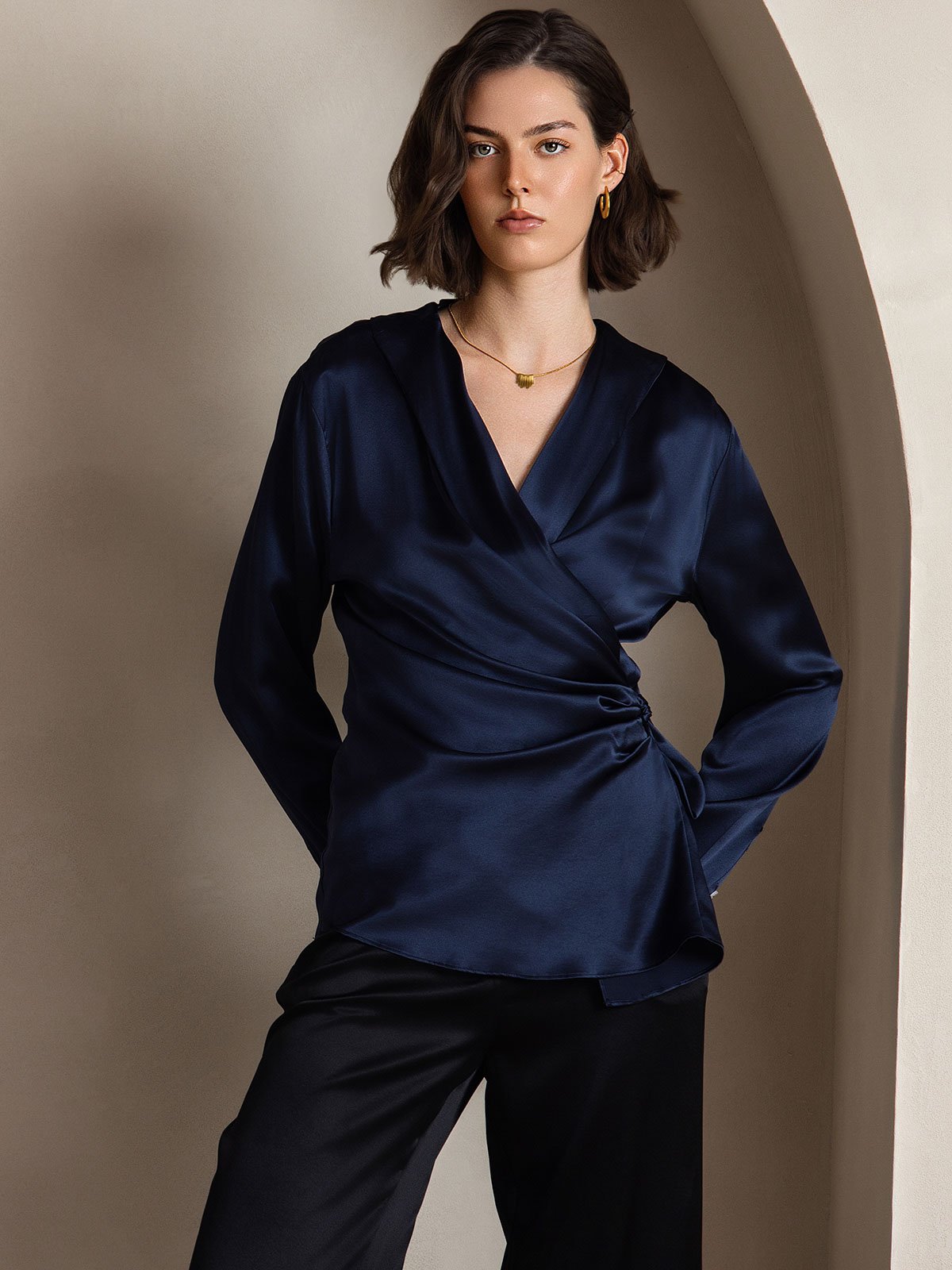 [Dark Blue] SilkSilky-UK 19Momme Silk Long Sleeve V Neck Women's Shirt 003