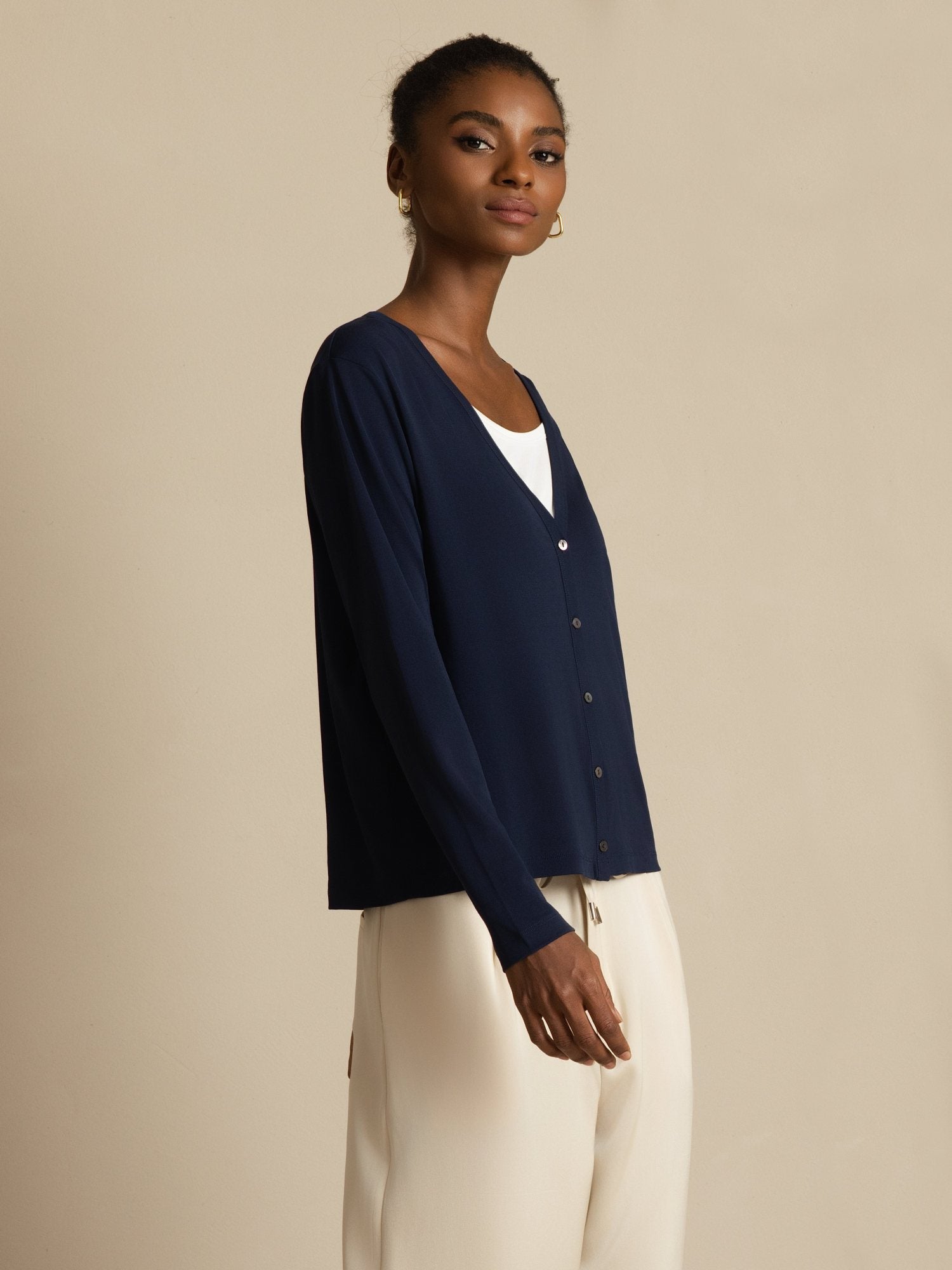 [DarkBlue] SilkSilky-UK 19Momme 100% High-Twist Silk Jersey Long Sleeve V Neck Women's Cardigan 006