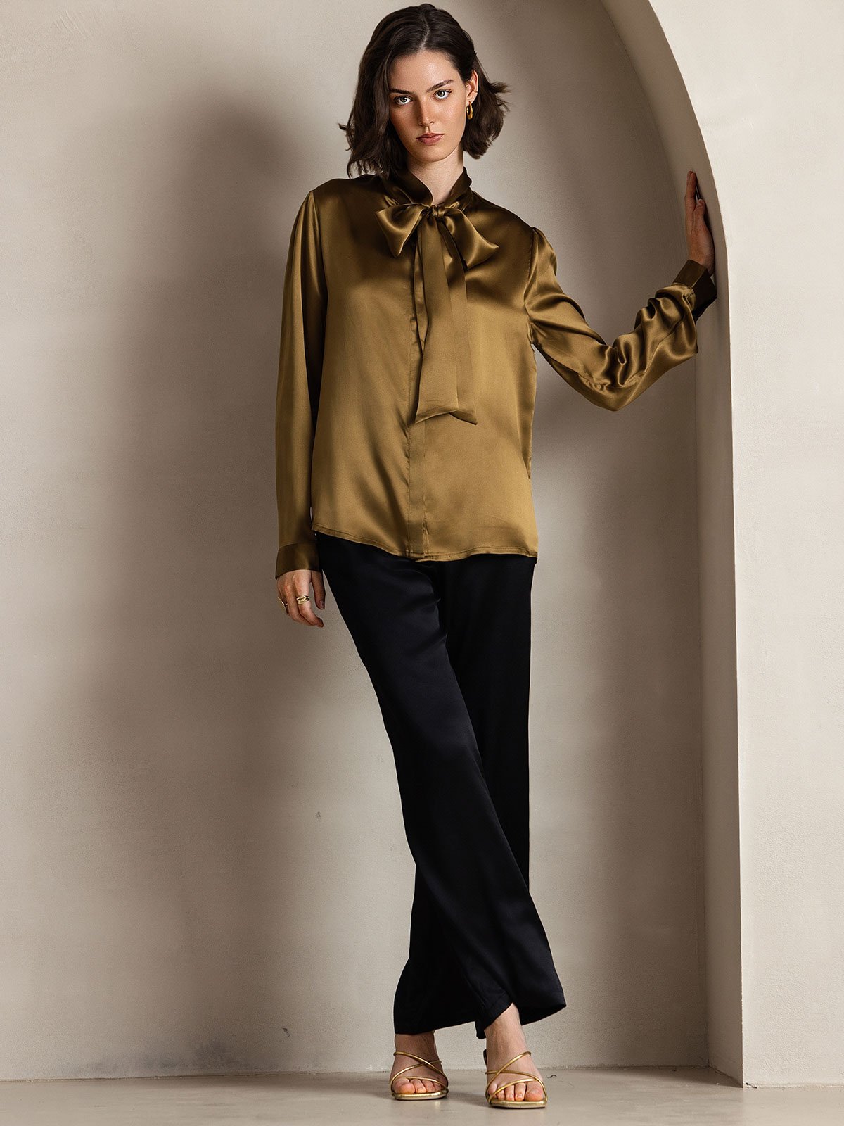 [Brown] SilkSilky-UK 19Momme Silk Long Sleeve Tie Neck Women's Shirt 006