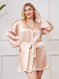 SilkSilky UK Pure Silk Long Sleeve V Neck Plus Size Dressing Gown Champagne 001