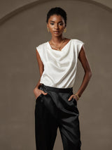 [White] SilkSilky-UK Cap Sleeve Cowl Neck Women's T-Shirt 003