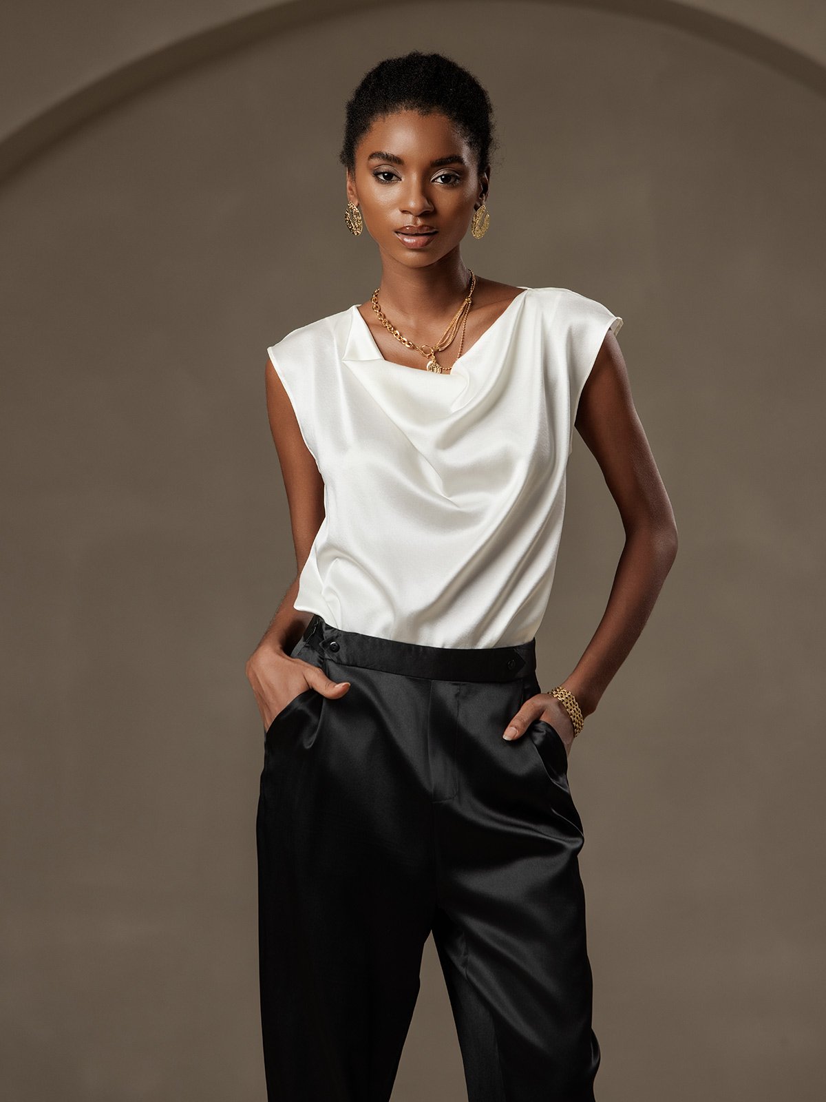 [White] SilkSilky-UK 19Momme Silk Cap Sleeve Cowl Neck Women's T-Shirt 003