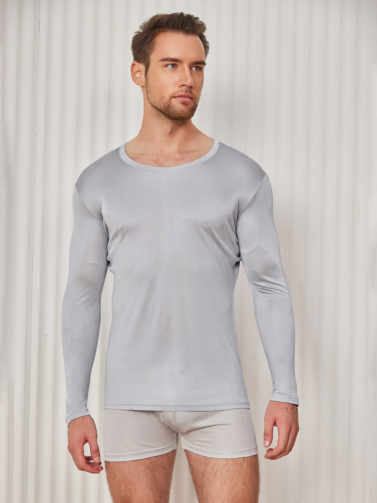 [Light Gray] SilkSilky-UK 100% Silk Jersey Long Sleeve Round Neck Men's T-Shirt 004