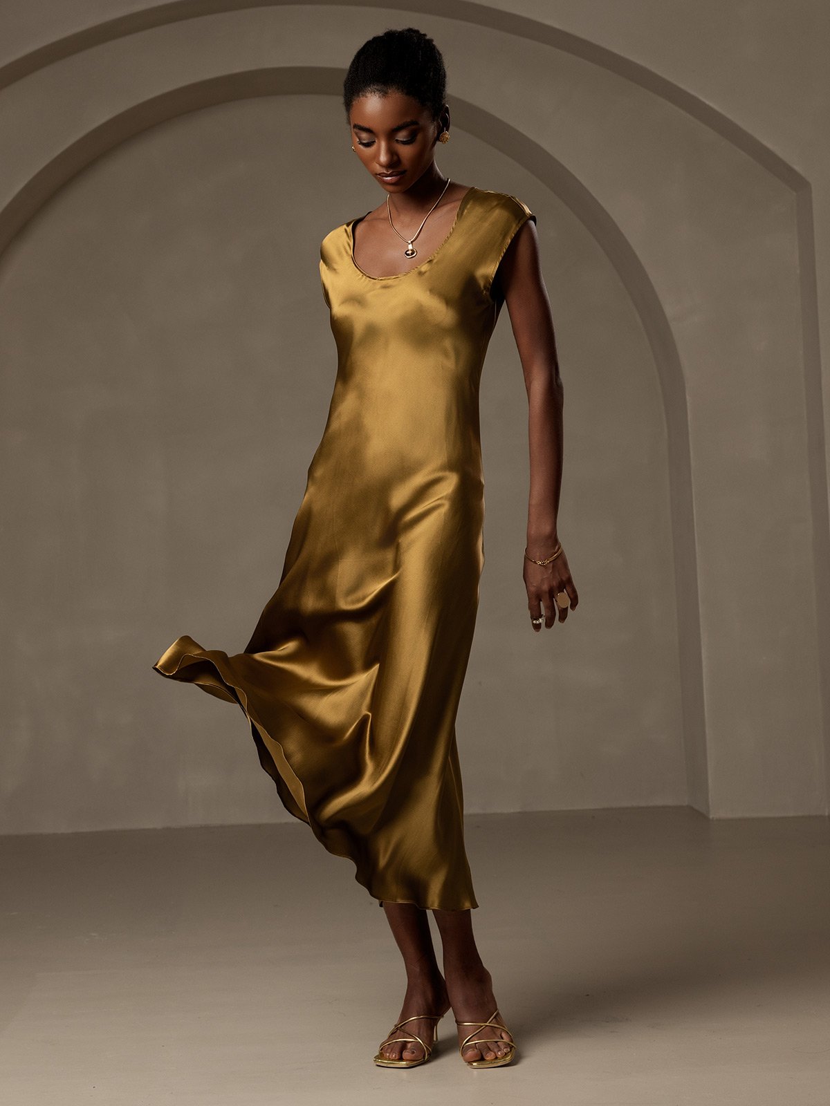 [Brown] SilkSilky-UK 19Momme Silk Cap Sleeve Round Neck Dress 005