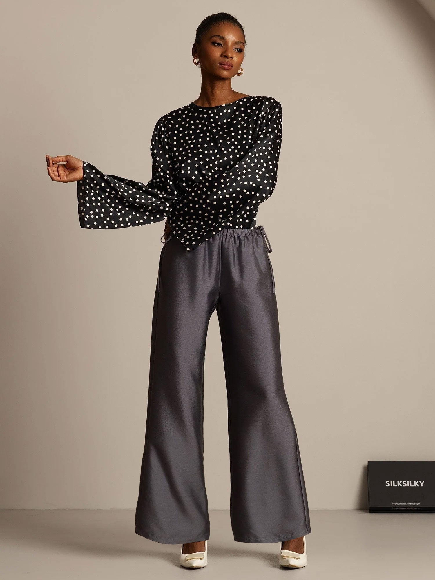 [Gray] SilkSilky-UK 32Momme Silk-Wool Blend Womens Pants 006,