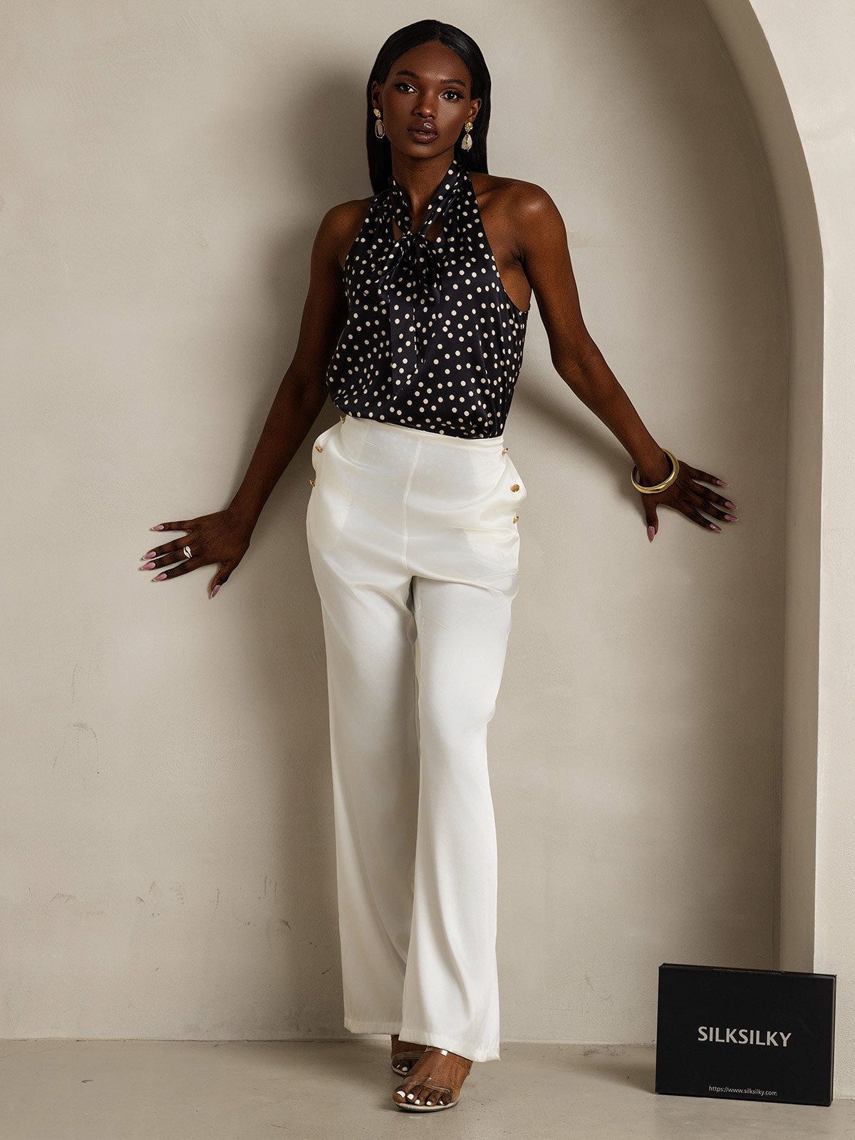 SilkSilky-UK 19Momme Silk Sleeveless Tie Neck Women's Shirt Black+White 008