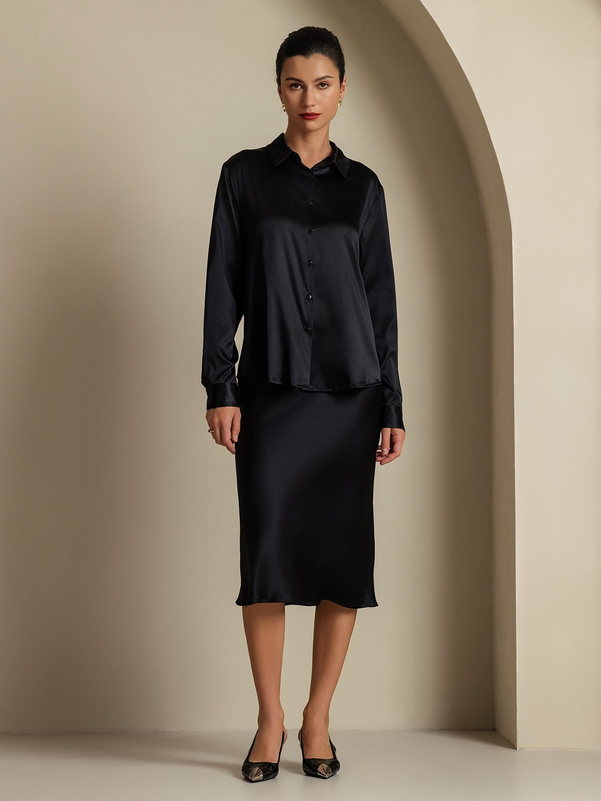 [Black] SilkSilky-UK 19Momme Silk Knitted Collar Women''s Outfit Sets 003,