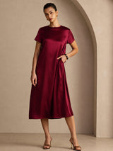 [Dark Red] SilkSilky-UK Short Sleeve Crew Neck Dress 006