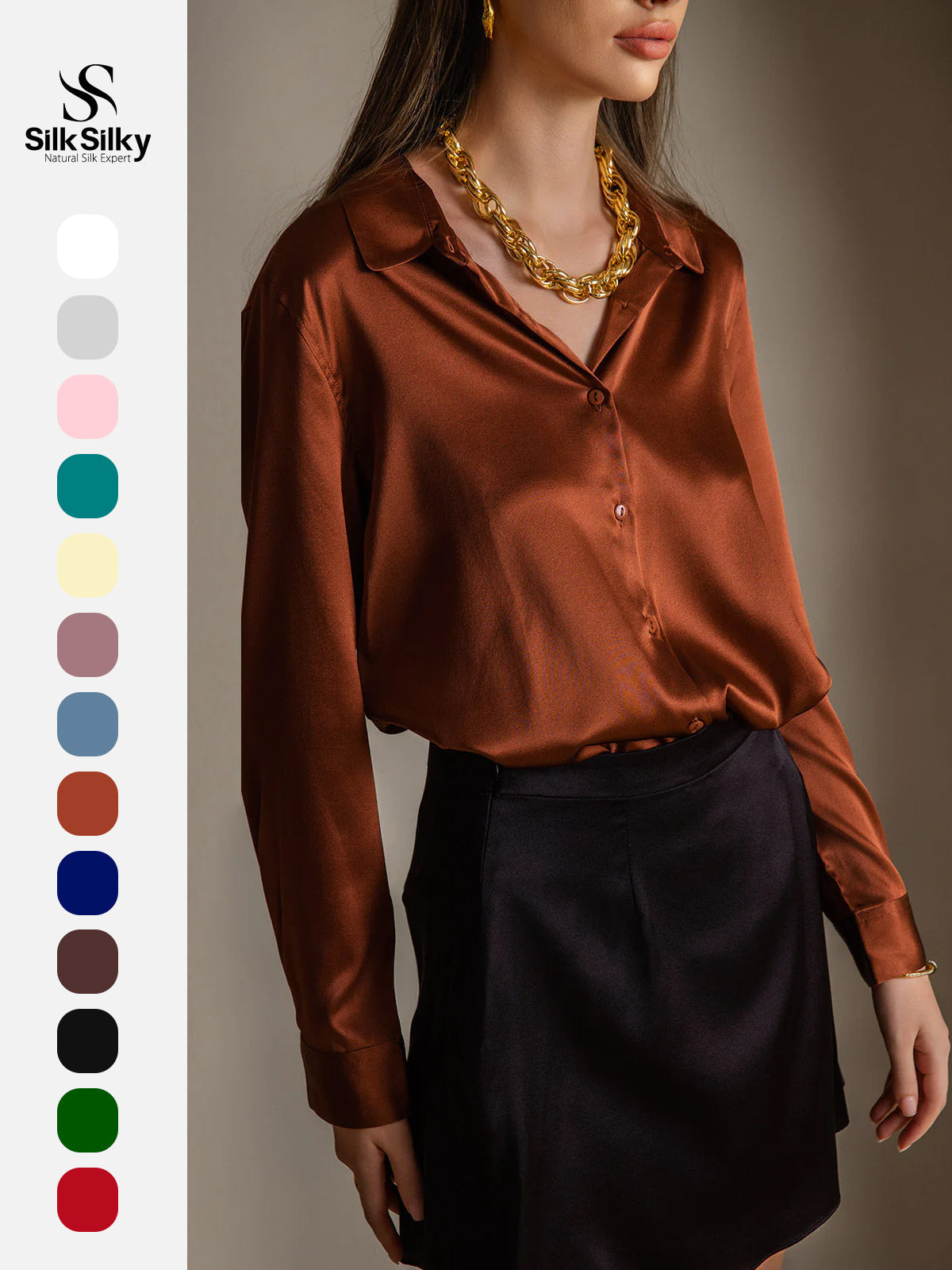 [Caramel] SilkSilky-UK Silk Long Sleeve Collar Women's Shirt 001