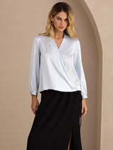 [Light Blue] SilkSilky-UK Long Sleeve Wrap Women's Blouse 001