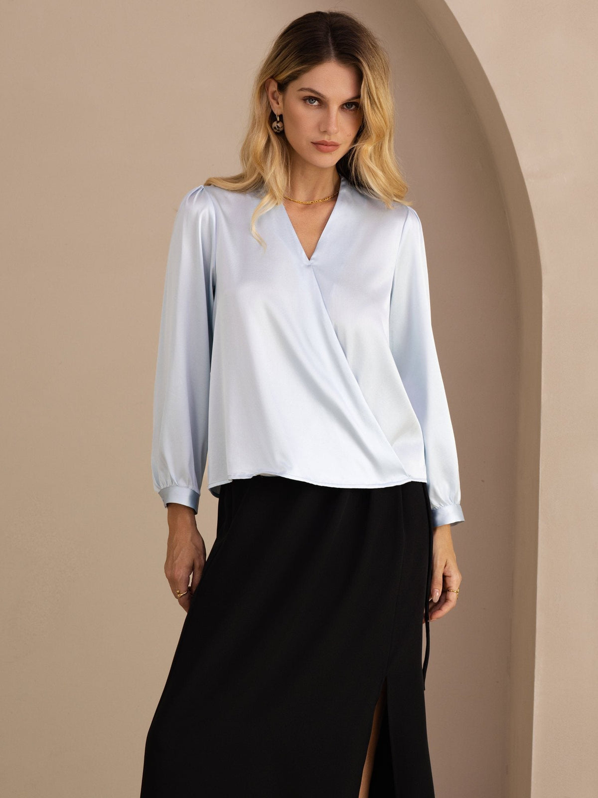 [Light Blue] SilkSilky-UK Long Sleeve Wrap Women's Blouse 001